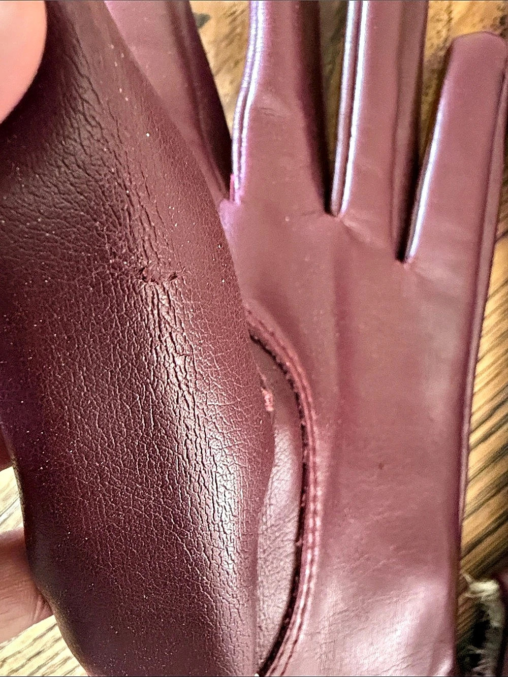 Vintage Burgundy Driving Leather-Look 100% cotton fleece Lined Gloves with Rabbi - Picture 5 of 8